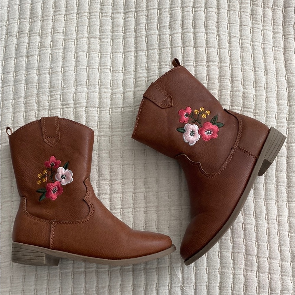 Brown Embroidered Floral Boots